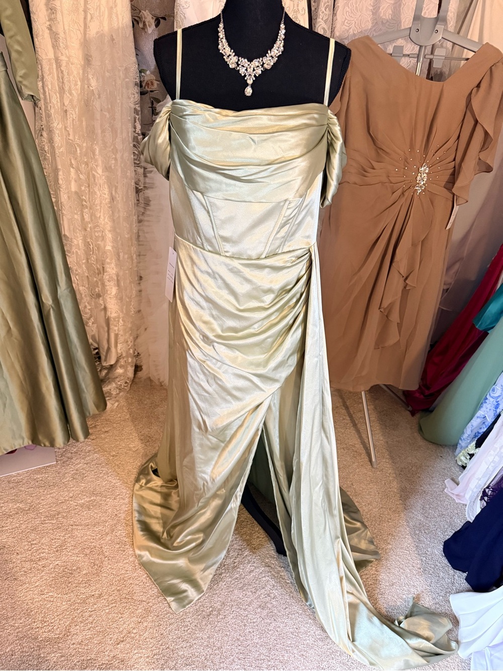 #31 Sage Green Satin Evening Gown